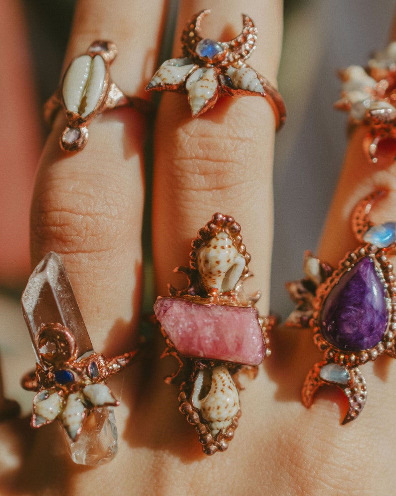 Moon Light Mermaid Rings hippie style art charoite Bohemian crystal healing copper jewelry with shells turmaline Boho gipsy moonstone