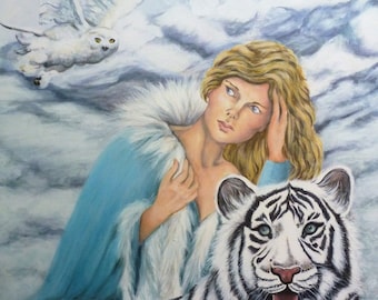 Fantasy art, White Tiger, Owl and mythical female, Acrylic Painting on Canvas