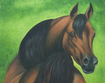 Large horse painting, collectible art, Arabian mare, oil painting on canvas, green and gold theme, UNFRAMED, 26 x 20 inches, FREE shipping