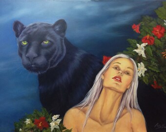 Oil Painting, black Panther and beautiful woman, large gallery-wrap canvas, title "Another Eden", 32" x 24 "