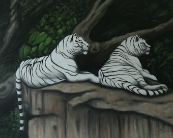 Oil Canvas, White Tigers in forest setting, Tiger Art, Gallery canvas no frame needed, 51 x 61 cms, original painting - PRICE REDUCTION