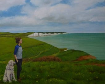 Landscapes, Sea Painting, Dog Pictures, Seven Sisters Cliffs, Original Oil painting, 41 x 51 cms, Gallery-wrap Canvas