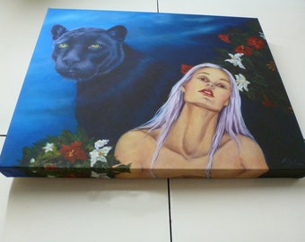 Oil painting, Giclee Print, Black panther floral with beautiful woman, Gallery wrap canvas, "Another Eden" 14 x 18 inches