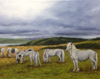 Original Oil painting, white horses in green fields, gifts for horse lovers, landscape art, Welsh scenery, mountain ponies