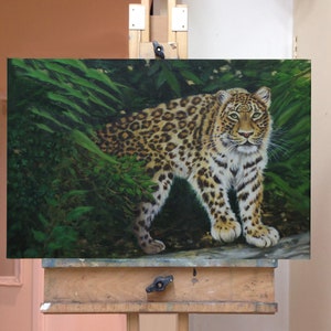 Wildlife Art, SALE, forest leopard painting, original Oil painting on linen canvas, 16 x 24 Seasonal Price reduction image 3