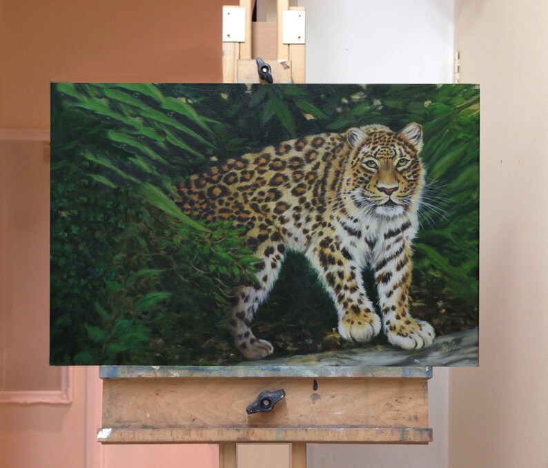 Wildlife Art, SALE, forest leopard painting, original Oil painting on linen canvas, 16 x 24 Seasonal Price reduction image 3