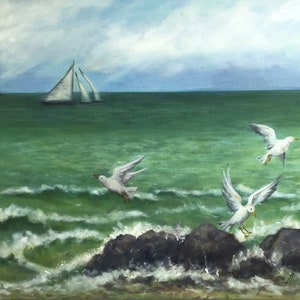 Seascape, original oil painting of seagulls and sailing boats, painted on deep-edged canvas, ready to hang
