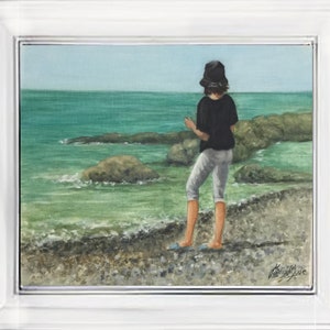 Sea painting Wall decor Small Oil paintings Plein Air artwork Unusual Gift Girl on a beach Original Artwork image 3