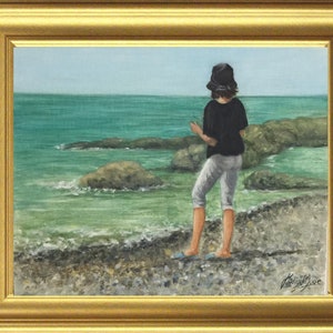 Sea painting Wall decor Small Oil paintings Plein Air artwork Unusual Gift Girl on a beach Original Artwork image 4