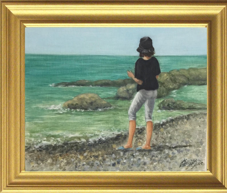 Sea painting Wall decor Small Oil paintings Plein Air artwork Unusual Gift Girl on a beach Original Artwork image 4