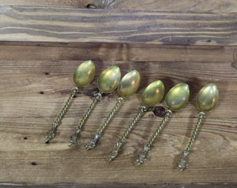 Set of 6 Antique Renaissance Style Demitasse Twisted Handle SPOONS w/ Pierrot