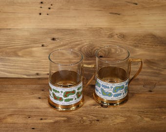 Set Of 2 Vintage Russian USSR Enamel Tea Glass cup Holder Glass Podstakannik