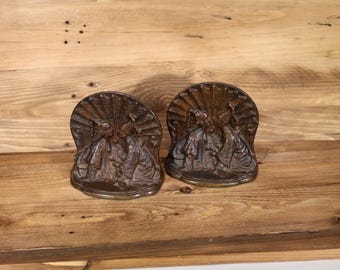 Antique Solid Bronze Heavy Pair Bookends KISSING ASIAN Couple