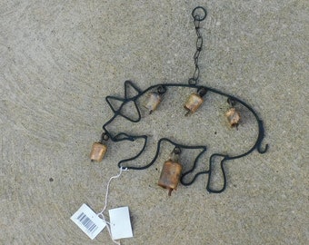 Welded Metal Pig with Dangling BELLS WIND CHIME