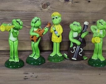 Vintage Rare Seven Corporation Frog 5 Piece Set Pottery Ceramic Figurine No Box