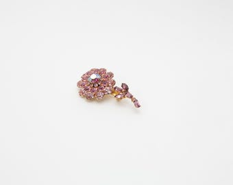 Vintage Signed Judy Lee Pink Domed Shades of Pink Rhinestone Flower Brooch Stem