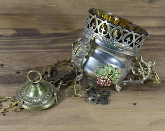 ANTIQUE ORTHODOX BRASS hanging lampada (church lamp) Glass Insert