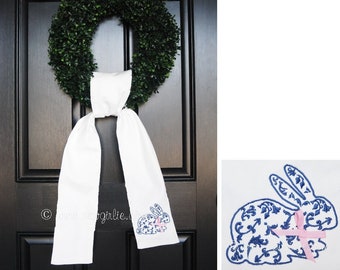 Personalized Preppy Monogrammed Chinoiserie Bunny Wreath Sash/Easter Bunny Wreath Sash/Front Door Décor/ Monogrammed Ribbon for Wreath