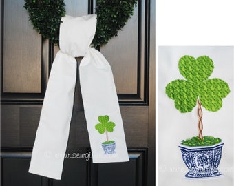 Personalized Preppy Monogrammed Clover in Topiary Pot Wreath Sash/Front Door Décor/ Monogrammed Ribbon for Wreath/Monogrammed Sash Wreath