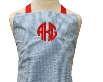 Personalized Preppy Monogrammed Seersucker Apron In Three Sizes- Toddler, Child, or Adult