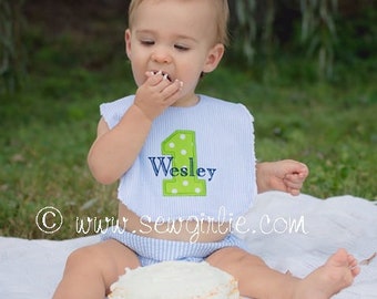 Personalized Preppy Monogrammed Seersucker First Birthday Bib Blue