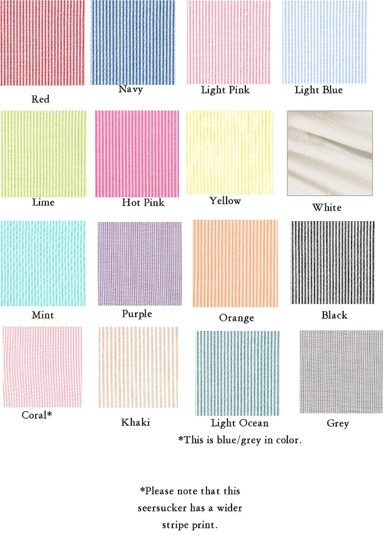Pode incluir: Um mostru&aacute;rio de tecidos seersucker com v&aacute;rias cores: vermelho, azul marinho, rosa claro, azul claro, lima, rosa choque, amarelo, branco, menta, roxo, laranja, preto, coral, c&aacute;qui, oceano claro e cinza. O texto indica uma risca mais larga.