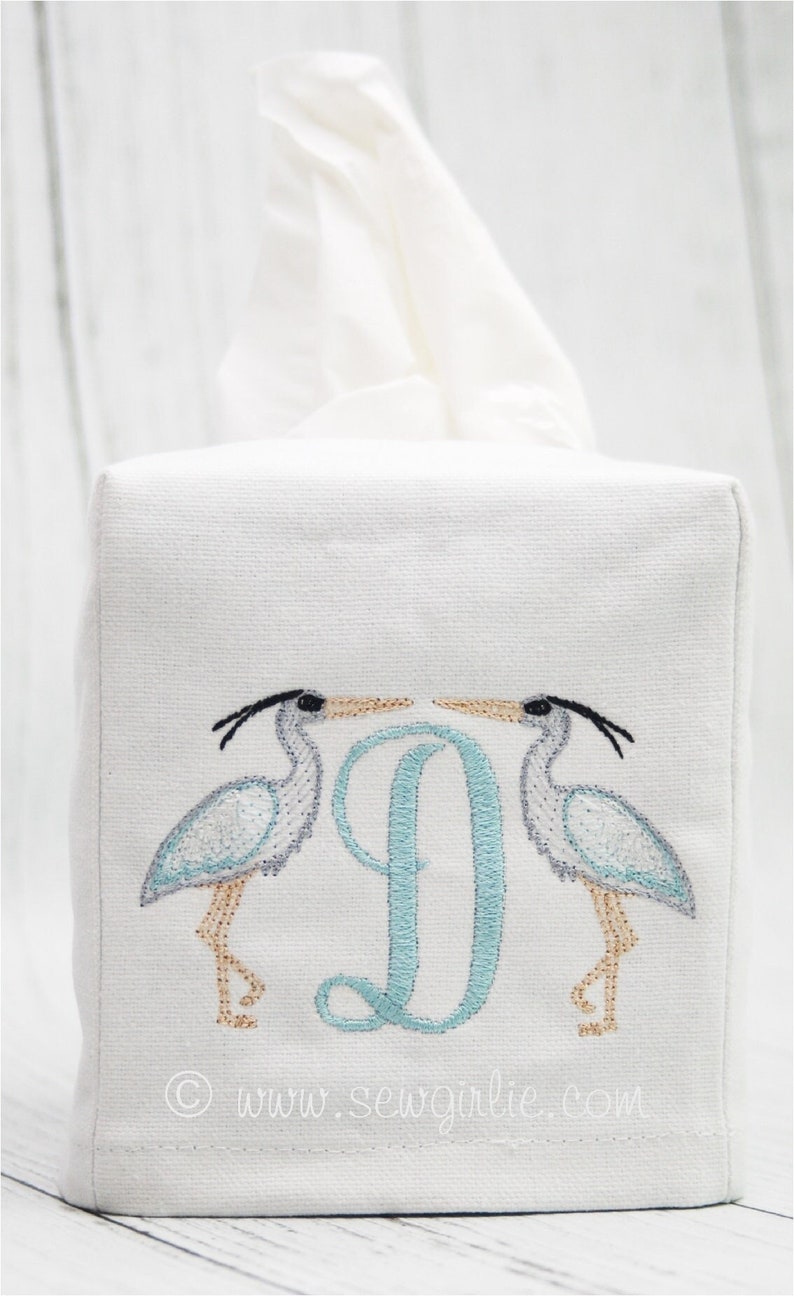 Personalized Preppy Monogrammed Heron Tissue Box Cover/Custom Baby Nursery Décor/Embroidered Wedding Gift/Hostess Gift image 1