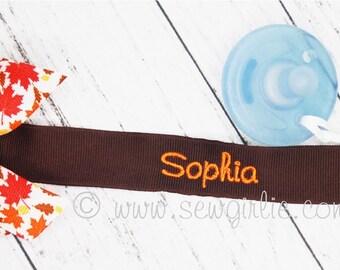 Personalized Custom Monogrammed Fall Leaves Ribbon with Bow Pacifier Clip/Pacifier Clip/Personalized Baby Gift/Daycare pacifier clip