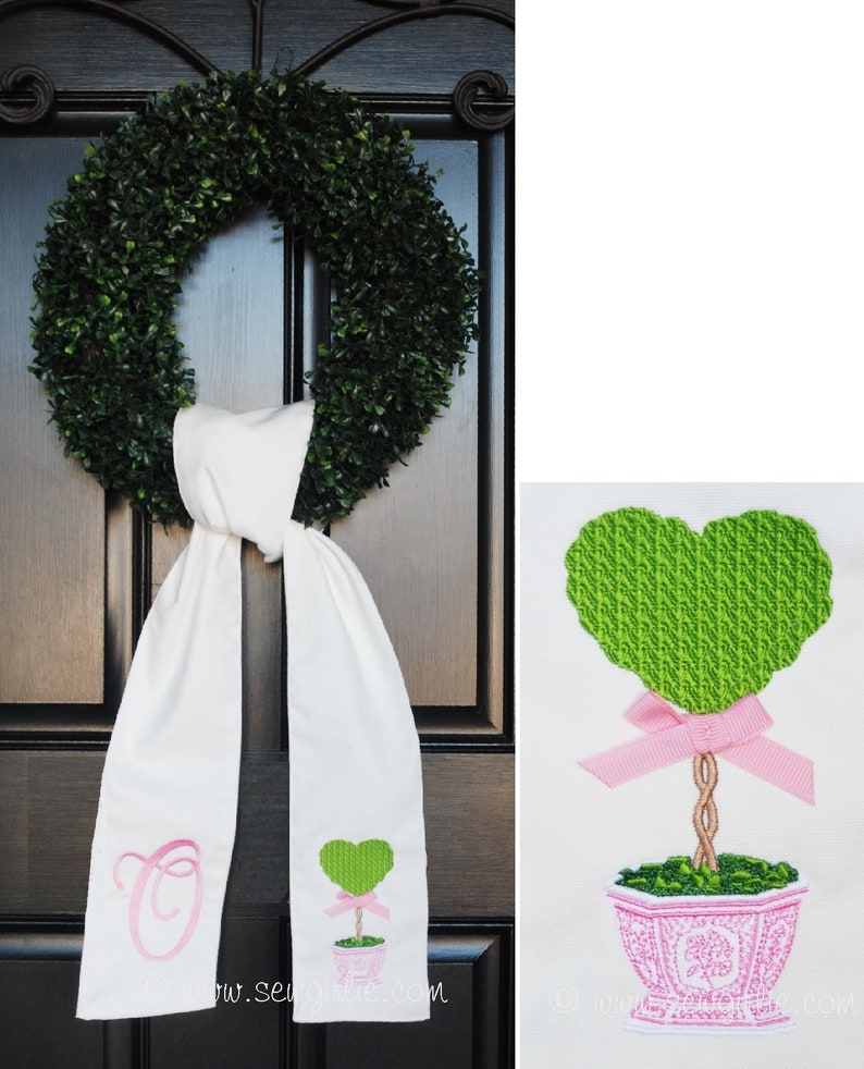 Personalized Preppy Monogrammed Valentine in Topiary Pot Wreath Sash/Front Door Décor/ Monogrammed Ribbon for Wreath/Monogrammed Sash Wreath afbeelding 1