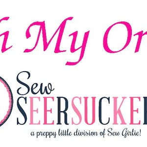 Op de afbeelding: Witte achtergrond met de roze tekst "Rush My Order!". Daaronder een logo met een anker in een cirkel, en de woorden "Sew SEERSUCKER" in roze en marineblauw. De tekst "a preppy little division of Sew Girlie!" staat eronder.