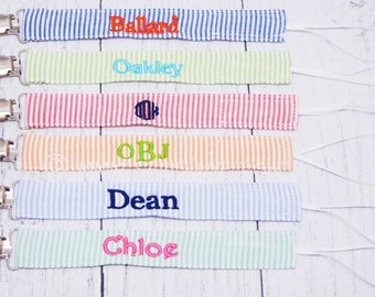 Set of 2 Preppy Personalized Monogrammed Seersucker Binky Buddy Clip/Embroidered Pacifier Clip/Monogrammed Pacifier/Universal Clip