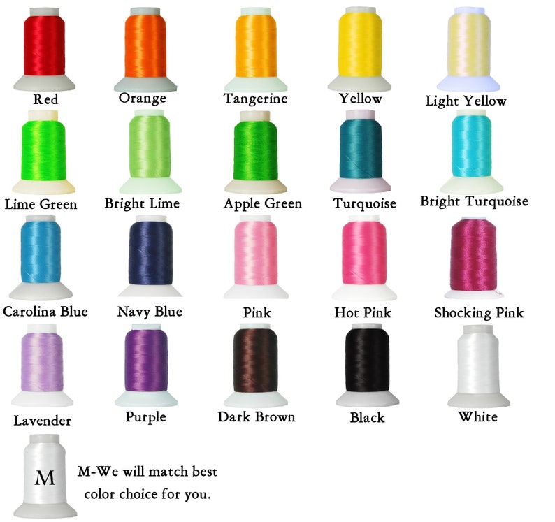 Pode incluir: Uma cole&ccedil;&atilde;o de carret&eacute;is de linha de bordar coloridos em v&aacute;rias tonalidades, incluindo vermelho, laranja, amarelo, verde, azul, rosa, roxo, castanho, preto e branco. Cada carretel &eacute; rotulado com o seu nome de cor. O texto "M-We will match best color choice for you" tamb&eacute;m est&aacute; presente.