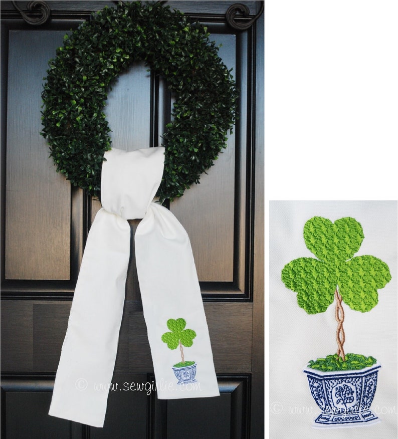 Personalized Preppy Monogrammed Clover in Topiary Pot Wreath Sash/Front Door Décor/ Monogrammed Ribbon for Wreath/Monogrammed Sash Wreath image 1