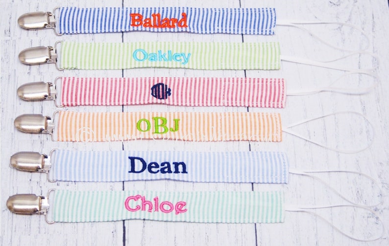 Preppy Personalized Monogrammed Seersucker Pacifier holder/Binky Buddy Clip/Embroidered Pacifier Clip/Monogrammed Pacifier/BabyAccessories image 1