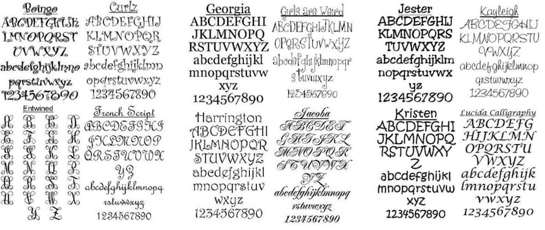Pode incluir: Uma cole&ccedil;&atilde;o de v&aacute;rios estilos de fonte, incluindo fontes serif e script, exibidos em preto. Cada fonte mostra o alfabeto e os n&uacute;meros 1-0. Os nomes das fontes incluem Beinge, Curlz, Georgia, Girls are Weird, Jester, Kayleigh, Entwined, French Script, etc.