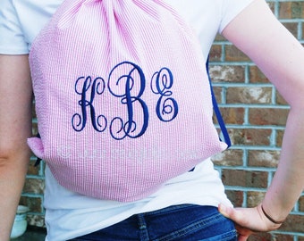 Personalized Preppy Monogrammed Seersucker Drawstring Backpack/Travel Bag/Monogrammed Travel Bag/Personalized Travel Bag