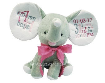 Personalized Custom Monogrammed Elephant Plush Birth Stats