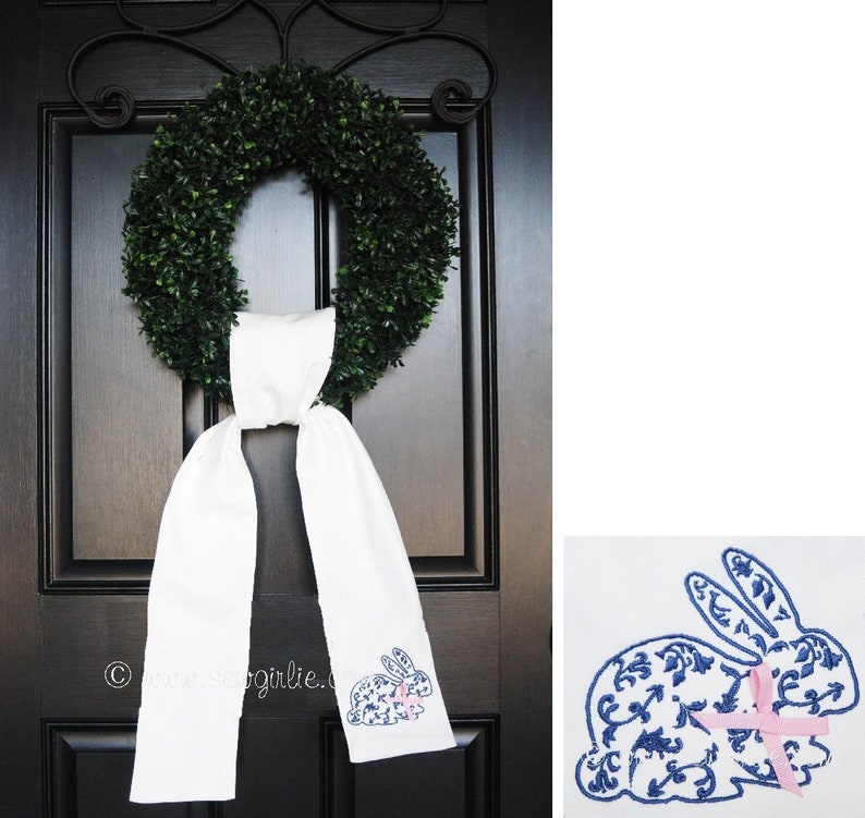 Personalized Preppy Monogrammed Chinoiserie Bunny Wreath Sash/Easter Bunny Wreath Sash/Front Door Décor/ Monogrammed Ribbon for Wreath image 1