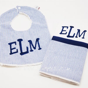 Personalized Preppy Monogrammed Seersucker Bib and Burpie Gift Set