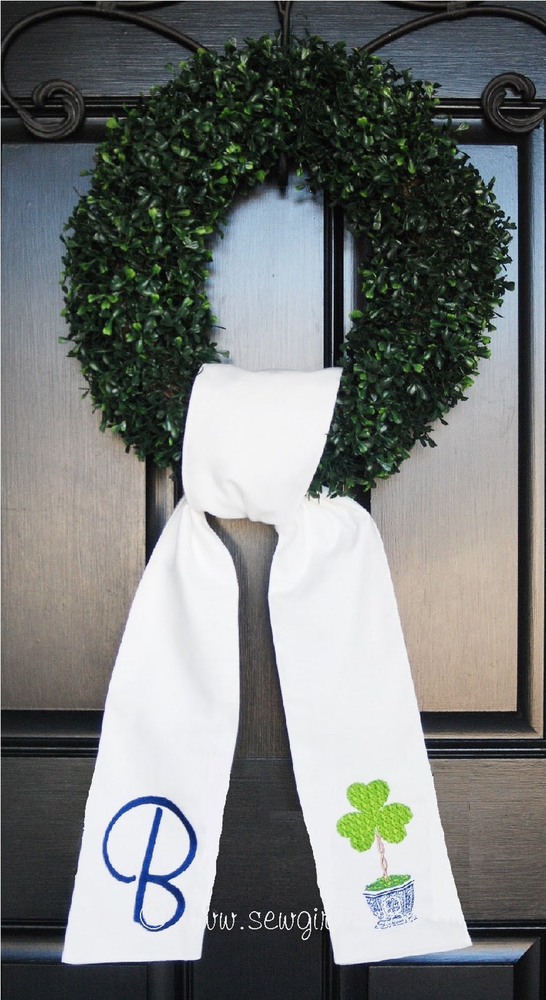 Personalized Preppy Monogrammed Clover in Topiary Pot Wreath Sash/Front Door Décor/ Monogrammed Ribbon for Wreath/Monogrammed Sash Wreath image 2