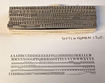 Tipografía de metal para impresión tipográfica de 12 puntos, tipo SCOTCH ROMAN 3A, mayúsculas y minúsculas.