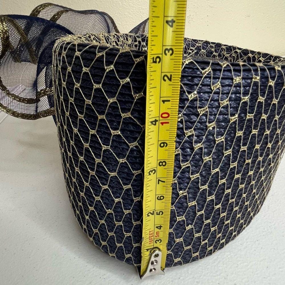 Vintage 80s Sylvia Church Lady Hat Navy Gold Metallic Mesh  display picture 2