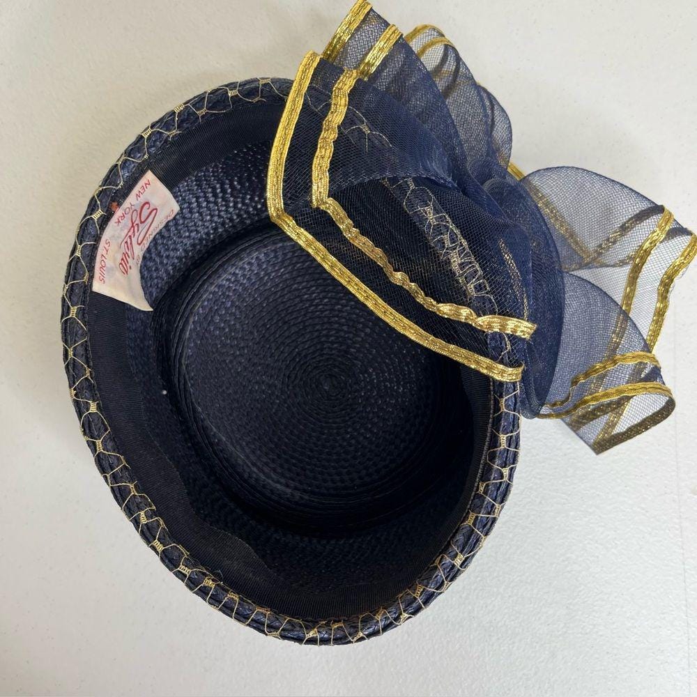 Vintage 80s Sylvia Church Lady Hat Navy Gold Metallic Mesh Netting Union Made US Navy-Blue-Wool-Felt-Church-Hat  main image 4