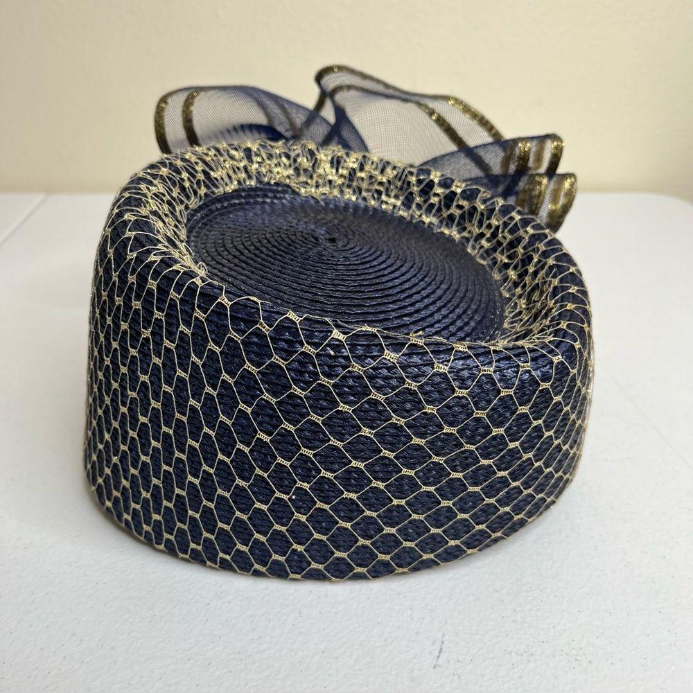 Vintage 80s Sylvia Church Lady Hat Navy Gold Metallic Mesh 