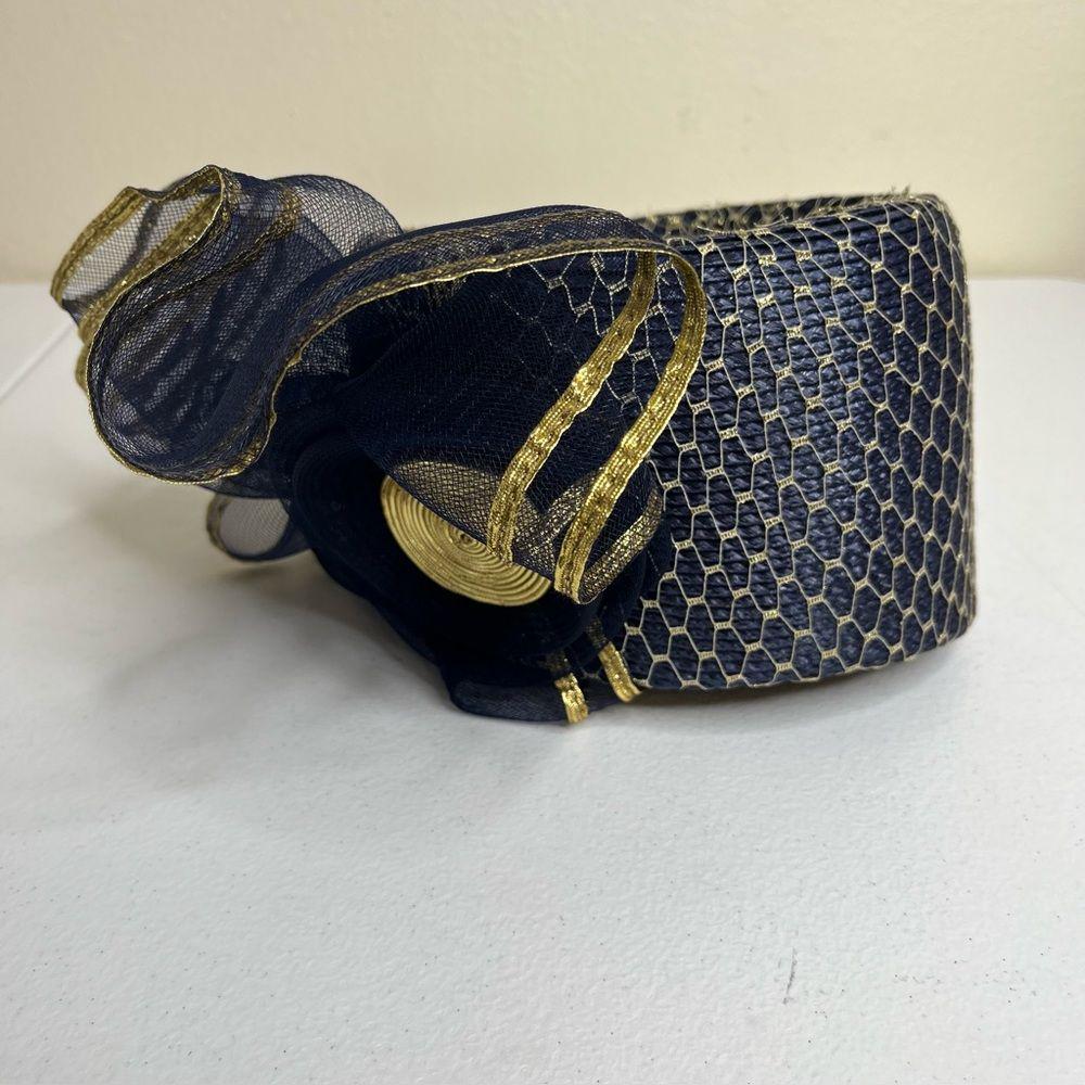 Vintage 80s Sylvia Church Lady Hat Navy Gold Metallic Mesh Netting Union Made US Navy-Blue-Wool-Felt-Church-Hat  main image 3