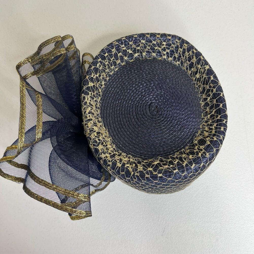 Vintage 80s Sylvia Church Lady Hat Navy Gold Metallic Mesh  display picture 1