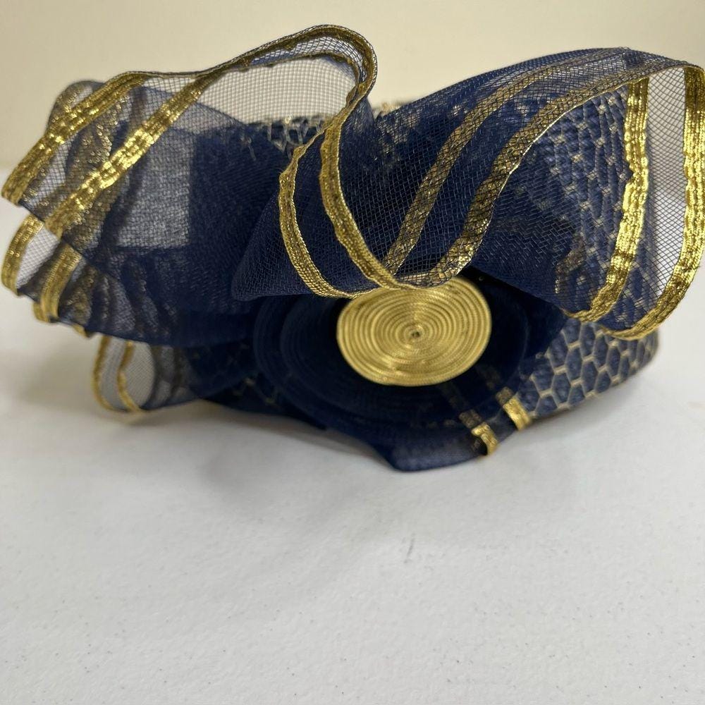 Vintage 80s Sylvia Church Lady Hat Navy Gold Metallic Mesh  display picture 3
