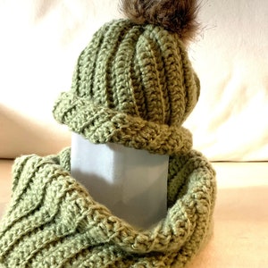 Adult cap and cowl set, hand-crocheted