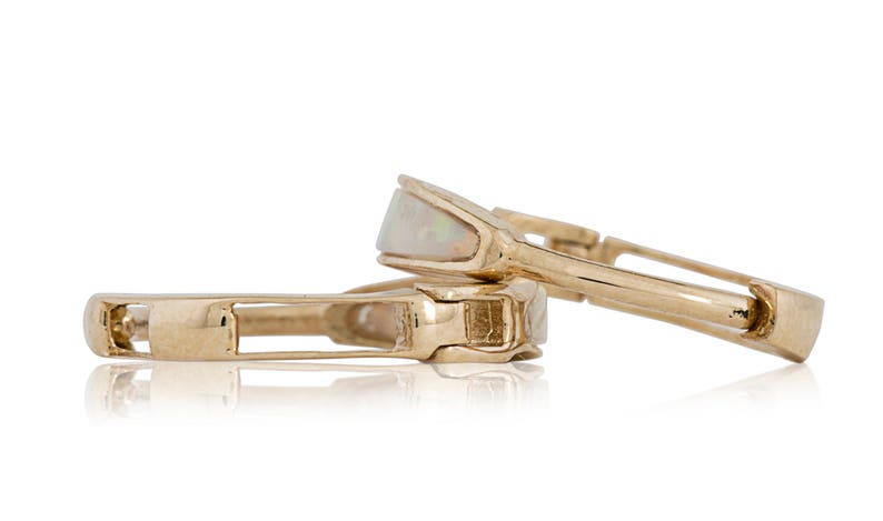 Opal Huggie Stright Hoop Small Earrings 10mmX1.5mm 14K Solid Yellow Gold