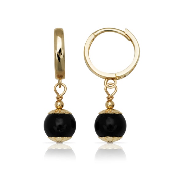14K Yellow Gold Black Onyx Hoop Drop Dangle Earrings 6.5mm or | Etsy